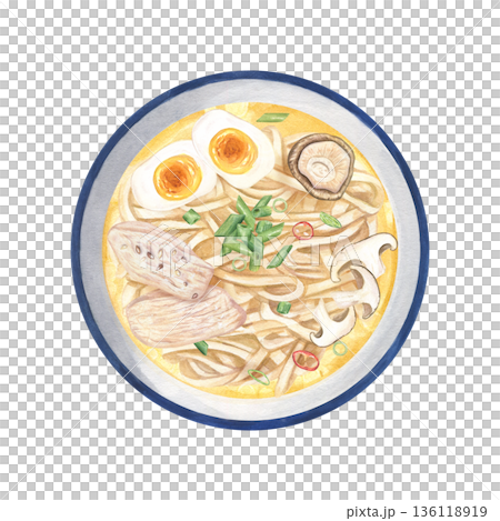 Homemade Japanese Shoyu Ramen watercolor illustration on isolated background. Soy sauce based broth serving with noodles, mushrooms, egg and chicken slices, green onions and chili peppers 136118919