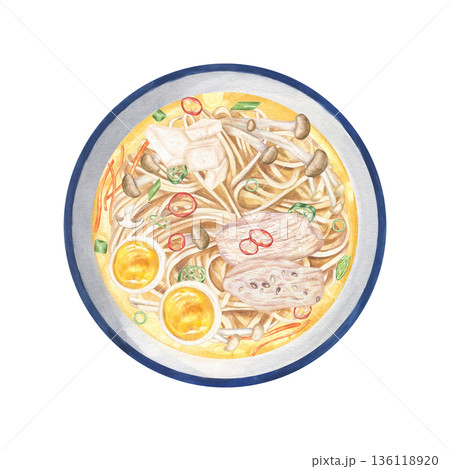 Tori Paitan soup watercolor illustration on isolated background. Creamy Chicken Ramen with chicken slices, noodles, mushrooms, egg in savory miso flavored broth. For menu design, food blog, cookbook. Tori Paitan soup watercolor illustration on isolated background. Creamy Chicken Ramen with chicken slices, noodles, mushrooms, egg in savory miso flavored broth. For menu design, food blog, cookbook. 136118920