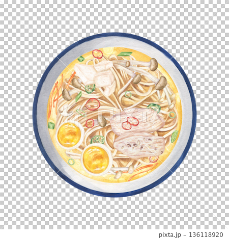 Tori Paitan soup watercolor illustration on isolated background. Creamy Chicken Ramen with chicken slices, noodles, mushrooms, egg in savory miso flavored broth. For menu design, food blog, cookbook. 136118920
