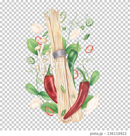 Ingredients for spicy vegan ramen soup watercolor illustration on isolated background. Raw noodles, tofu slices, red and green chili peppers, white mushrooms and herbs. For food blogs, recipe books. 136118922