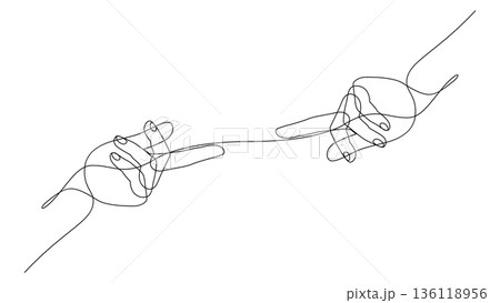 Continuous one line drawing of two hands reaching toward each other 136118956