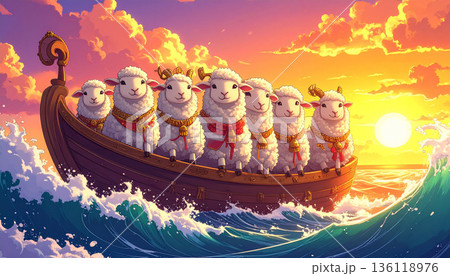 夕焼けを背に航海する七福神羊の宝船 136118976