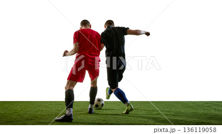 Soccer players running side by side fighting for ball possession on white background. Soccer players running side by side fighting for ball possession on white background. 136119058
