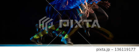 Stroboscopic runner motion with layered movement on dark background. Banner Stroboscopic runner motion with layered movement on dark background. Banner 136119177