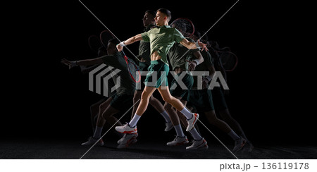 Stroboscopic tennis forehand follow through motion sequence on black background. Stroboscopic tennis forehand follow through motion sequence on black background. 136119178
