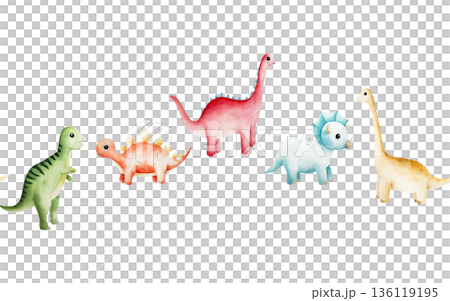 Cute dinosaur seamless border, banner. Watercolor hand drawn prehistoric triceratops, diplodocus,Spinosaurus, Brachiosaurus animal. Isolated illustration on transparent background. Perfect for for 136119195