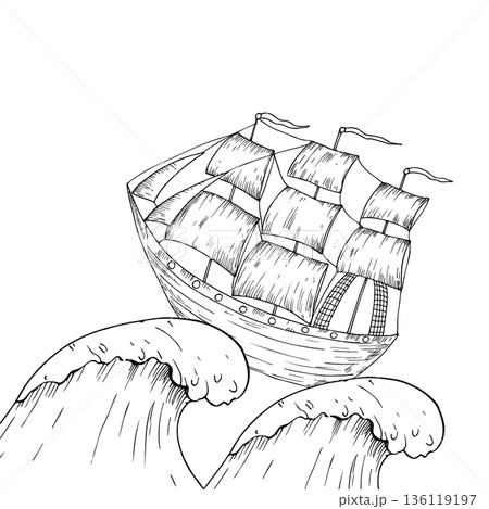 Vector wind sail boat on sea waves. Hand painted linear fishing ship illustration. Graphic monochrome sketch isolated on background. For designers, prints, logo, icon, menu, postcards, holiday, cover 136119197