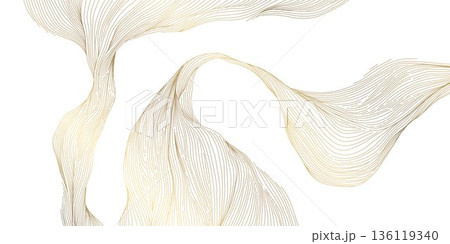 Elegant gold line wave pattern, white background, abstract wavy curves, smooth flowing design. Luxury vector illustration, Japanese ornament, modern geometric shapes, premium wallpaper, cover. 136119340