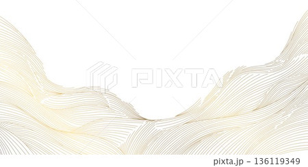 Elegant gold line wave pattern, white background, abstract wavy curves, smooth flowing design. Luxury vector illustration, Japanese ornament, modern geometric shapes, premium wallpaper, cover. 136119349