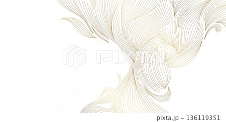 Elegant gold line wave pattern, white background, abstract wavy curves, smooth flowing design. Luxury vector illustration, Japanese ornament, modern geometric shapes, premium wallpaper, cover. Elegant gold line wave pattern, white background, abstract wavy curves, smooth flowing design. Luxury vector illustration, Japanese ornament, modern geometric shapes, premium wallpaper, cover. 136119351