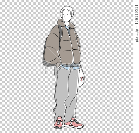 ダウンジャケットとスウェットパンツのストリートファッション男性イラスト 136119511
