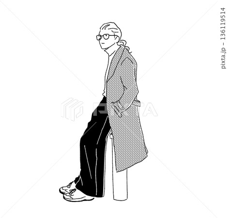 モノクロ線画のロングコート男性ファッションイラスト モノクロ線画のロングコート男性ファッションイラスト 136119514