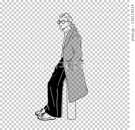 モノクロ線画のロングコート男性ファッションイラスト モノクロ線画のロングコート男性ファッションイラスト 136119514