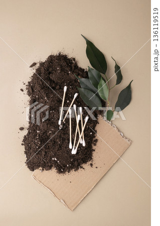 Eco-friendly cotton swabs biodegrading in rich soil with green plant Eco-friendly cotton swabs biodegrading in rich soil with green plant 136119519