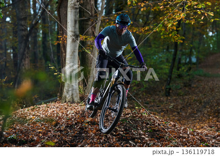 Autumn Forest Mountain Biker Navigates Leaf-Covered Trail with Speed and Focus Autumn Forest Mountain Biker Navigates Leaf-Covered Trail with Speed and Focus 136119718