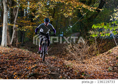 Autumn Forest Trail Mountain Biker Rides Leaf-Littered Path With Focus and Energy Autumn Forest Trail Mountain Biker Rides Leaf-Littered Path With Focus and Energy 136119733