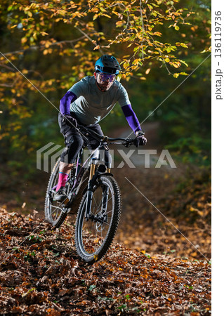Autumn Mountain Biking: Focused Rider Navigates Leafy Forest Trail with Gear and Style Autumn Mountain Biking: Focused Rider Navigates Leafy Forest Trail with Gear and Style 136119736