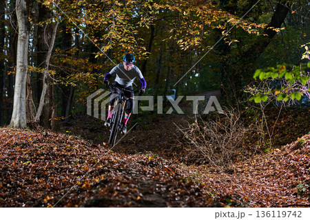 Mountain Bike Action Through Autumn Forest Trail With Rider Jumping On Leaves 136119742