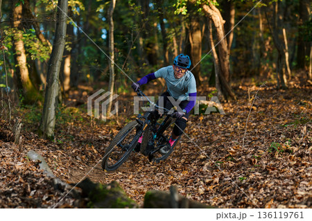 Male Mountain Biker Rides Through Leafy Forest Trail on Autumn Day, Intense Sunlit Adventure Male Mountain Biker Rides Through Leafy Forest Trail on Autumn Day, Intense Sunlit Adventure 136119761