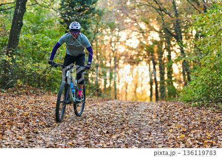 Mountain Biker on Autumn Forest Trail at Sunset Riding Through Fallen Leaves 136119783