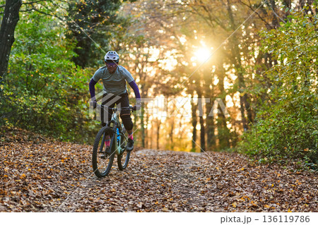 Autumn Forest Mountain Biking On Leaf Covered Trail At Sunset With Sunlight Through Trees Glow 136119786