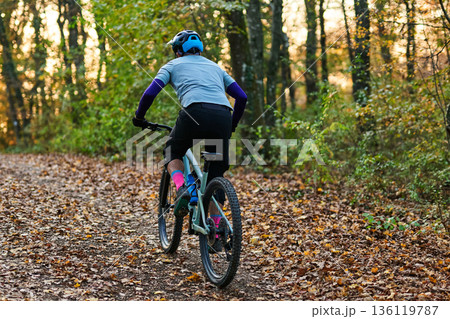 Autumn Forest Bicycle Ride: Mountain Bike Rider on Leaf-Covered Trail in Dappled Sunlight Autumn Forest Bicycle Ride: Mountain Bike Rider on Leaf-Covered Trail in Dappled Sunlight 136119787
