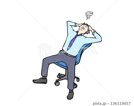 椅子に座ってのけぞりながら頭を抱えて思い悩んでいるスーツ男性イラスト 椅子に座ってのけぞりながら頭を抱えて思い悩んでいるスーツ男性イラスト 136119857