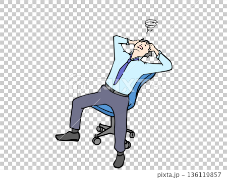 椅子に座ってのけぞりながら頭を抱えて思い悩んでいるスーツ男性イラスト 椅子に座ってのけぞりながら頭を抱えて思い悩んでいるスーツ男性イラスト 136119857