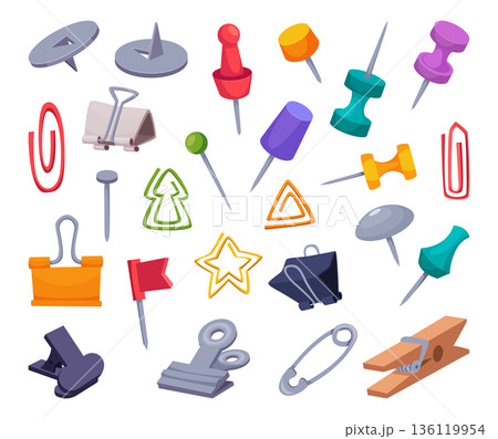 Stationery items. Pins document clip and pointers exact vector cartoon set isolated Stationery items. Pins document clip and pointers exact vector cartoon set isolated 136119954