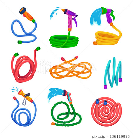 Water rubber hoses. Dripping farm hoses tools for gardening exact vector illustration set isolated Water rubber hoses. Dripping farm hoses tools for gardening exact vector illustration set isolated 136119956