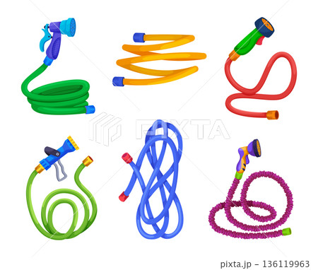 Watering hoses. Agricultural or gardening rubber hoses collection exact vector colorful item 136119963