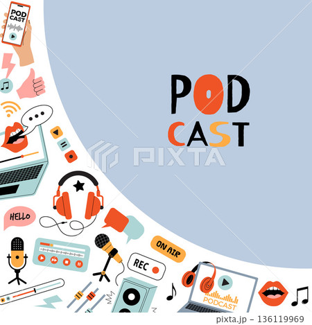 Podcast tools. decorative corner design with podcast items speakers laptop speech bubbles headset Podcast tools. decorative corner design with podcast items speakers laptop speech bubbles headset 136119969