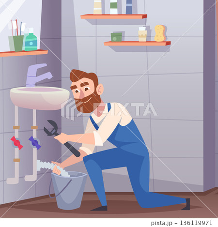 Plumber. repair service man changes the pipes under the sink 136119971