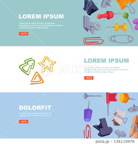 Office supplies. horizontal banners design template with pins brackets pointers Office supplies. horizontal banners design template with pins brackets pointers 136119976