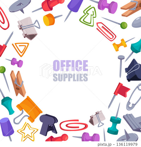 Office supplies. circle background with pointers and pins collection 136119979