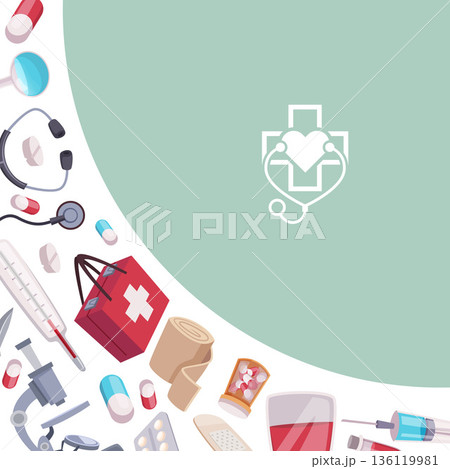 Medical items. corner design with medical tools. vector set 136119981