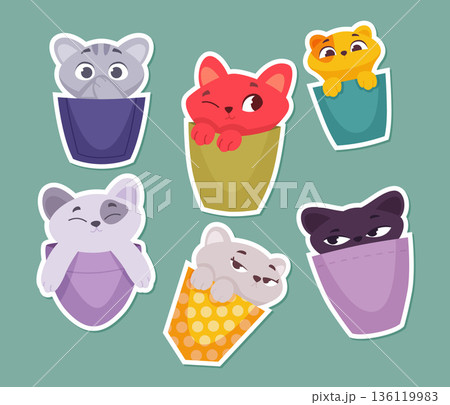 Kitten in pocket. sticky with funny kitten with different emotions 136119983