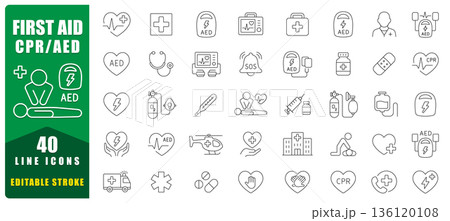 First Aid CPR AED Line Icon Set Featuring Emergency Care, Medical Equipment, Life Saving Actions, And Healthcare Symbols. Ideal For Training, Safety Guides, Apps, And Educational Materials. Isolated V First Aid CPR AED Line Icon Set Featuring Emergency Care, Medical Equipment, Life Saving Actions, And Healthcare Symbols. Ideal For Training, Safety Guides, Apps, And Educational Materials. Isolated V 136120108