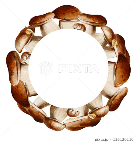 porcini mushrooms arranged in a circular composition, forming a round decorative frame. The mushrooms are hand painted in warm natural brown tones with realistic texture and soft watercolor porcini mushrooms arranged in a circular composition, forming a round decorative frame. The mushrooms are hand painted in warm natural brown tones with realistic texture and soft watercolor 136120110