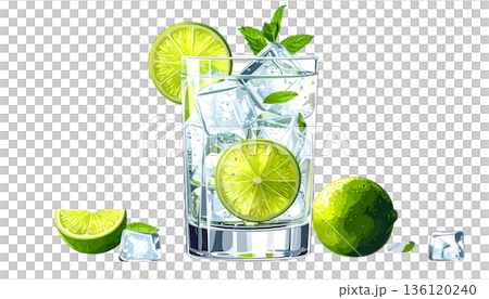 Illustration of a gin and tonic with lime 136120240