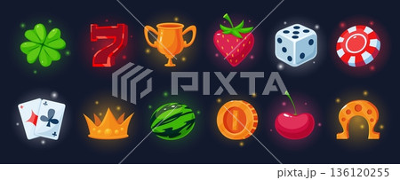 Game casino cartoon elements. Gambling icons, slot machine gift symbols. Number seven, cherry, crown, clover, gaming piece, horseshoe, nowaday vector shining set Game casino cartoon elements. Gambling icons, slot machine gift symbols. Number seven, cherry, crown, clover, gaming piece, horseshoe, nowaday vector shining set 136120255