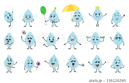Cute water drops. Funny cartoon drop different poses and emotions. Liquid character angry, crying, doing exercises, smiling and flirting. Classy vector stickers design Cute water drops. Funny cartoon drop different poses and emotions. Liquid character angry, crying, doing exercises, smiling and flirting. Classy vector stickers design 136120260