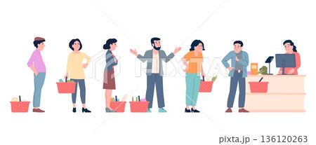 Angry customers in supermarket. Dissatisfied waiting line, tired people with food baskets in queue. Man looking for wallet or money for paying, recent vector scene 136120263