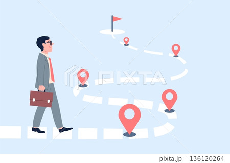 Businessman project road. Roadmap for business travel, work management step by step. Workflow process, corporate progress goals, recent vector concept 136120264