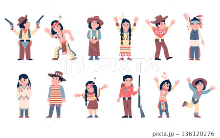 Cowboy and indian children. Wild west kids characters in traditional costumes. Boys girls playing cowboys cowgirls, american indians. Flat recent vector people Cowboy and indian children. Wild west kids characters in traditional costumes. Boys girls playing cowboys cowgirls, american indians. Flat recent vector people 136120276
