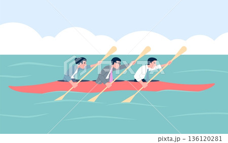 Business kayak teamwork. Office workers driving boat together. Well-coordinated work, lack of competition. Businesspeople kayaking recent vector scene 136120281