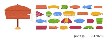 Wooden pointers. Colorful pointer, destination arrows, banners for information. Wooden banner on pole. Beach and road sign boards, bar, cafe, restaurant, hotel, vector set Wooden pointers. Colorful pointer, destination arrows, banners for information. Wooden banner on pole. Beach and road sign boards, bar, cafe, restaurant, hotel, vector set 136120282