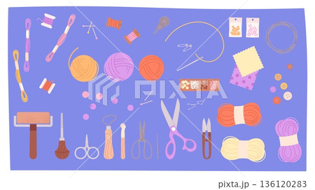 Tools for handmade. Assorted yarns, balls of knitting thread, sewing and embroidery threads, scissors and bag-making equipment. Clothes patches, beads, vector set 136120283