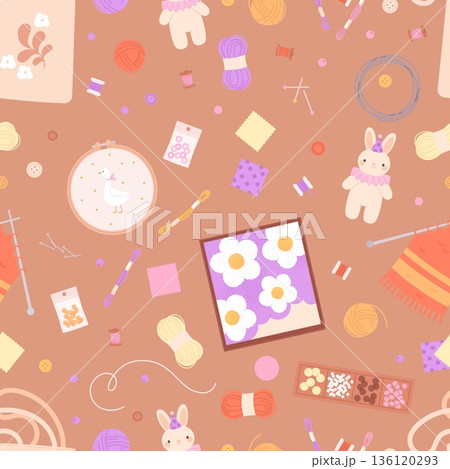 Handcraft seamless pattern. Different knitting and sewing tools, embroidery equipment, threads, yarn. Hand sew rabbit, handmade bag, vector background 136120293