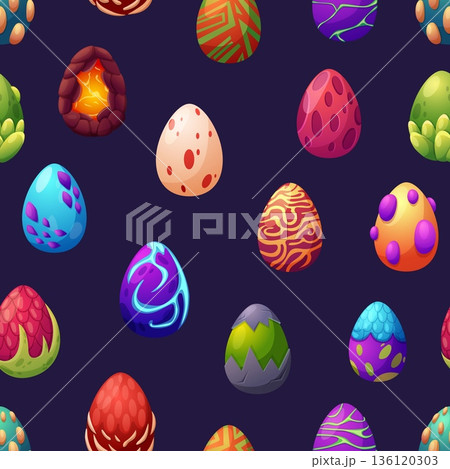 Dragon fantasy eggs seamless pattern. Magic egg with mystery shell. Fire, snake leather, drops. Decorative fabric textile print, wallpaper, vector background Dragon fantasy eggs seamless pattern. Magic egg with mystery shell. Fire, snake leather, drops. Decorative fabric textile print, wallpaper, vector background 136120303